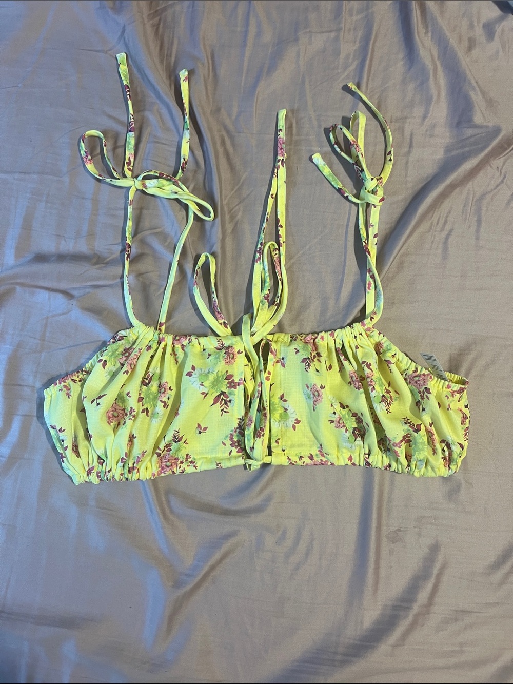 Neon Yellow Floral Tie-Strap Bikini Top